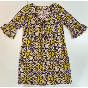 Aryeh Retro Print Dress Purple Yellow Blue V Neck 3/4 Bell Sleeve Small (155)